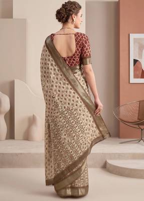 beige linen ajrakh print bollywood digital print saree 4