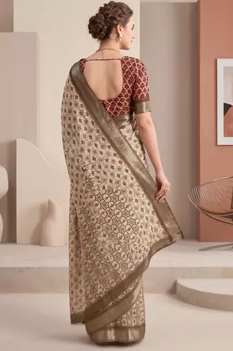 beige linen ajrakh print bollywood digital print saree