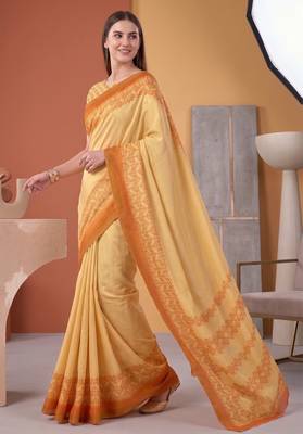 Yellow linen geometric bollywood digital print saree 1