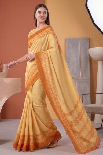 Yellow linen geometric bollywood digital print saree