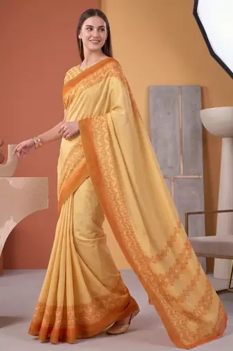 Yellow linen geometric bollywood digital print saree