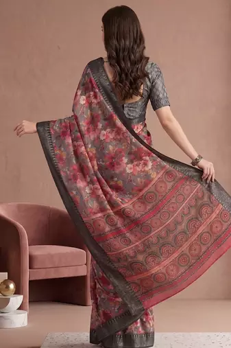 Multicolor linen floral bollywood digital print saree