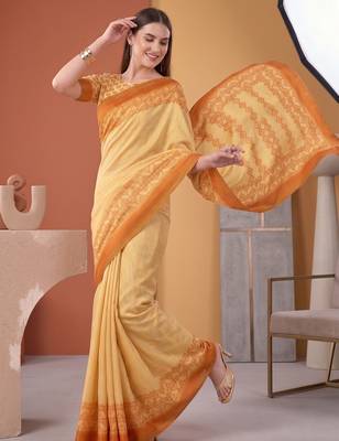 Yellow linen geometric bollywood digital print saree 2