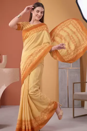 Yellow linen geometric bollywood digital print saree