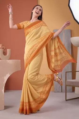 Yellow linen geometric bollywood digital print saree