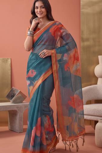 teal green linen botanical design bollywood digital print saree