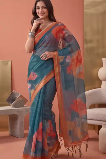 teal green linen botanical design bollywood digital print saree