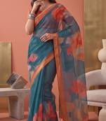 teal green linen botanical design bollywood digital print saree