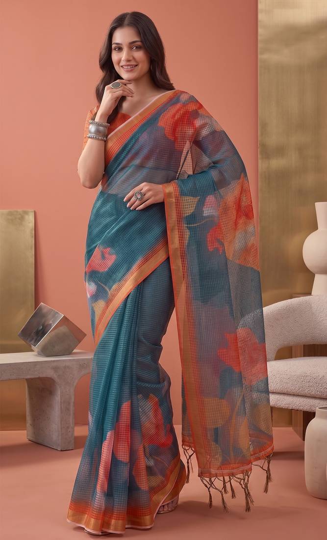 teal green linen botanical design bollywood digital print saree