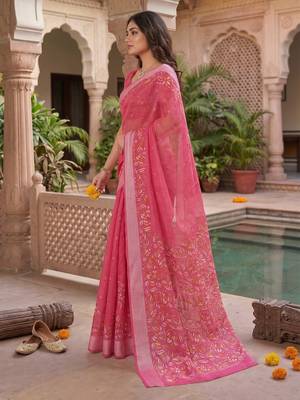 baby pink chanderi block printed ready to wear saree 3