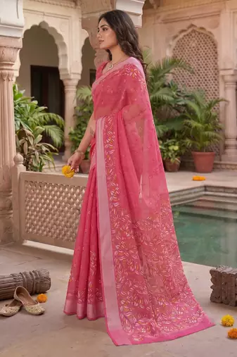 baby pink chanderi block printed ready to wear saree