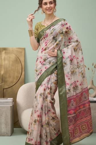Multicolor linen floral bollywood digital print saree