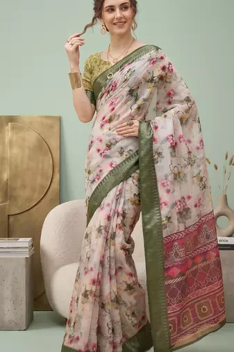 Multicolor linen floral bollywood digital print saree