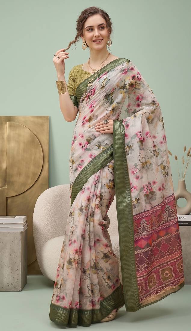 Multicolor linen floral bollywood digital print saree