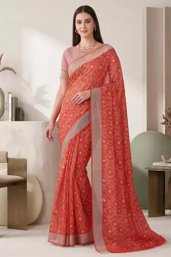 orange chanderi batik print digital print bollywood saree