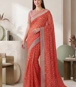 orange chanderi batik print digital print bollywood saree