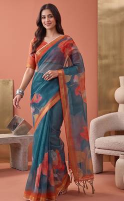teal green linen botanical design bollywood digital print saree 2