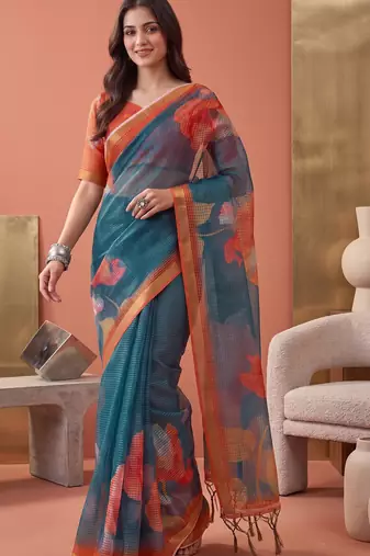 teal green linen botanical design bollywood digital print saree