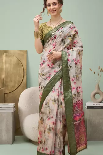 Multicolor linen floral bollywood digital print saree