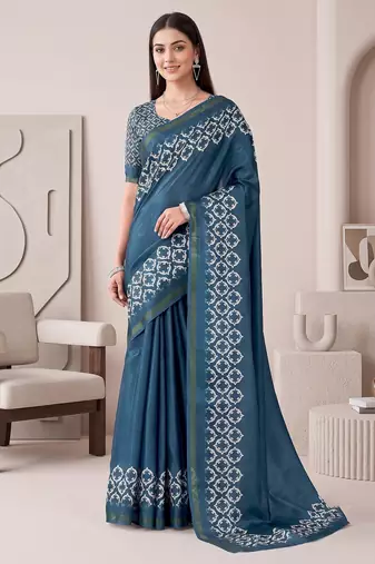 Teal blue linen solid bollywood digital print saree