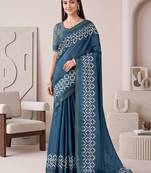 Teal blue linen solid bollywood digital print saree