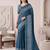 Teal blue linen solid bollywood digital print saree