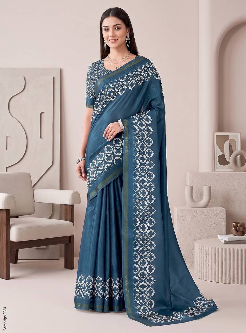 Teal blue linen solid bollywood digital print saree