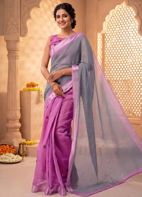 pink chanderi striped printed ready to wear saree 1