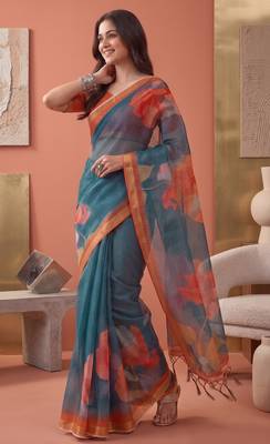 teal green linen botanical design bollywood digital print saree 3