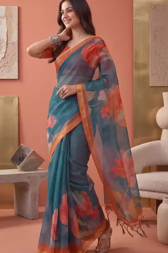 teal green linen botanical design bollywood digital print saree