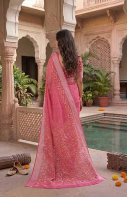 baby pink chanderi block printed ready to wear saree 4