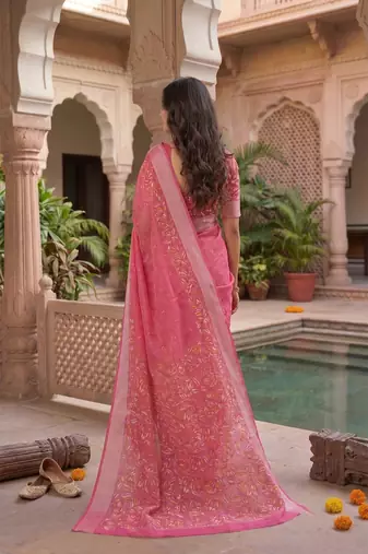 baby pink chanderi block printed ready to wear saree