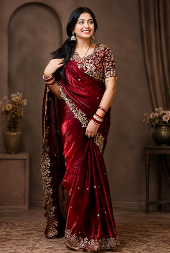 Maroon Color Zari Sequence Mango Design Embrodairy Work Silk Blend Saree