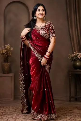 Maroon Color Zari Sequence Mango Design Embrodairy Work Silk Blend Saree