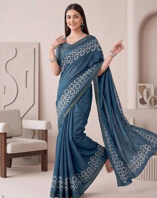 Teal blue linen solid bollywood digital print saree 2