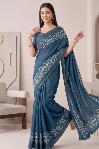 Teal blue linen solid bollywood digital print saree