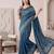 Teal blue linen solid bollywood digital print saree