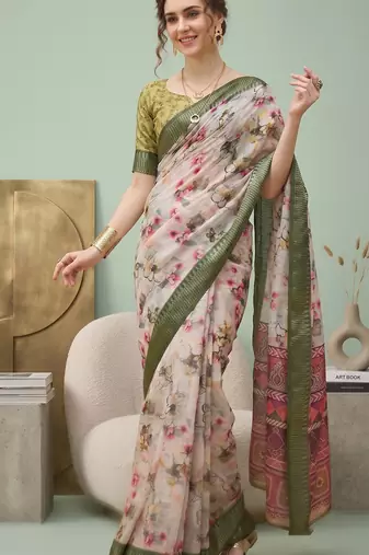 Multicolor linen floral bollywood digital print saree