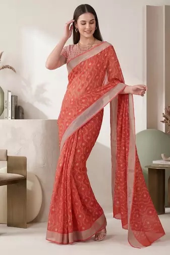 orange chanderi batik print digital print bollywood saree