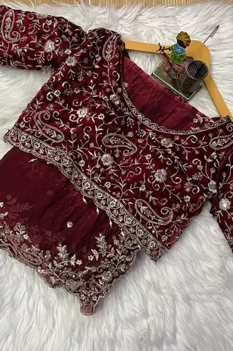 Maroon Color Zari Sequence Mango Design Embrodairy Work Silk Blend Saree
