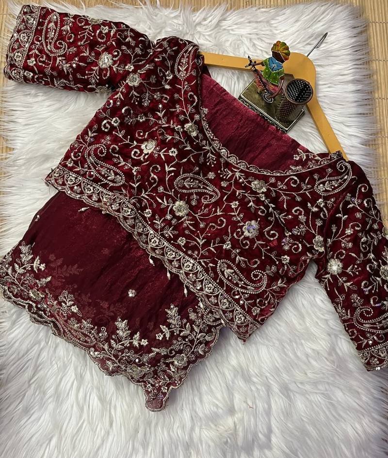 Maroon Color Zari Sequence Mango Design Embrodairy Work Silk Blend Saree