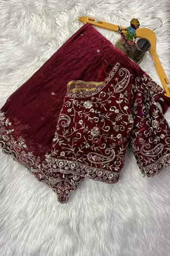 Maroon Color Zari Sequence Mango Design Embrodairy Work Silk Blend Saree