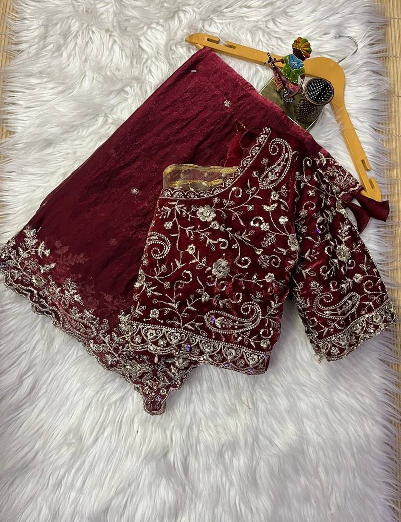 Maroon Color Zari Sequence Mango Design Embrodairy Work Silk Blend Saree