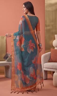 teal green linen botanical design bollywood digital print saree 4
