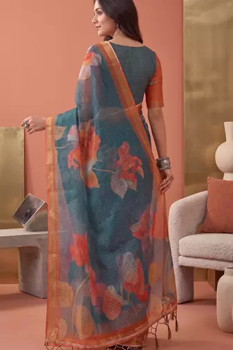 teal green linen botanical design bollywood digital print saree