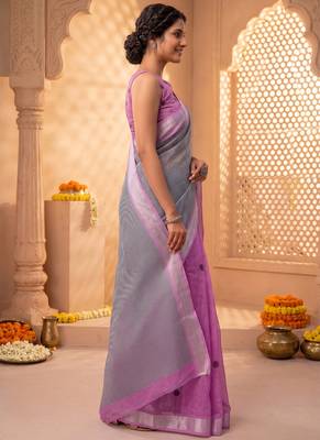 pink chanderi striped printed ready to wear saree 2