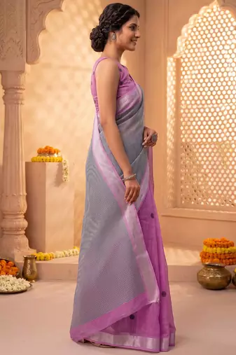 pink chanderi striped printed ready to wear saree