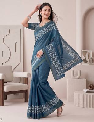 Teal blue linen solid bollywood digital print saree 3