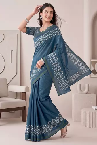 Teal blue linen solid bollywood digital print saree