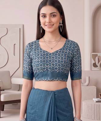 Teal blue linen solid bollywood digital print saree 4